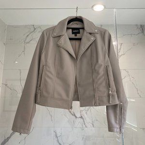 Express Vegan Leather Asymmetrical Zip Moto Jacket in Gray Blush